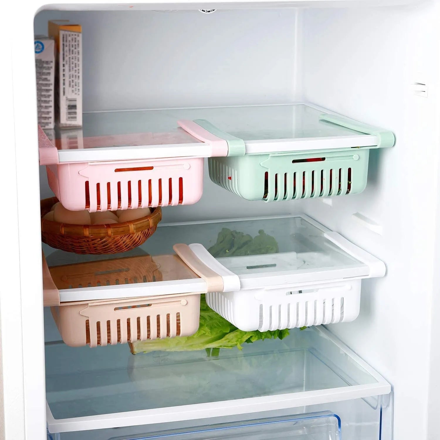 Adjustable fridge drawer organizer for creating additional storage space inside refrigerators.