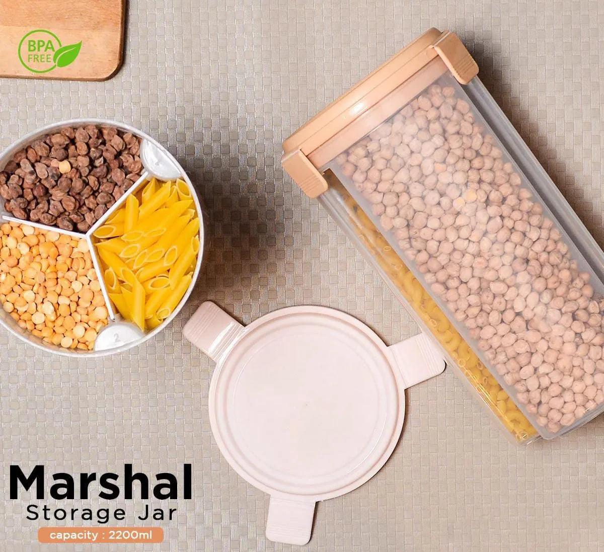 Airtight food container with three compartments for storing meals, snacks, and leftovers.