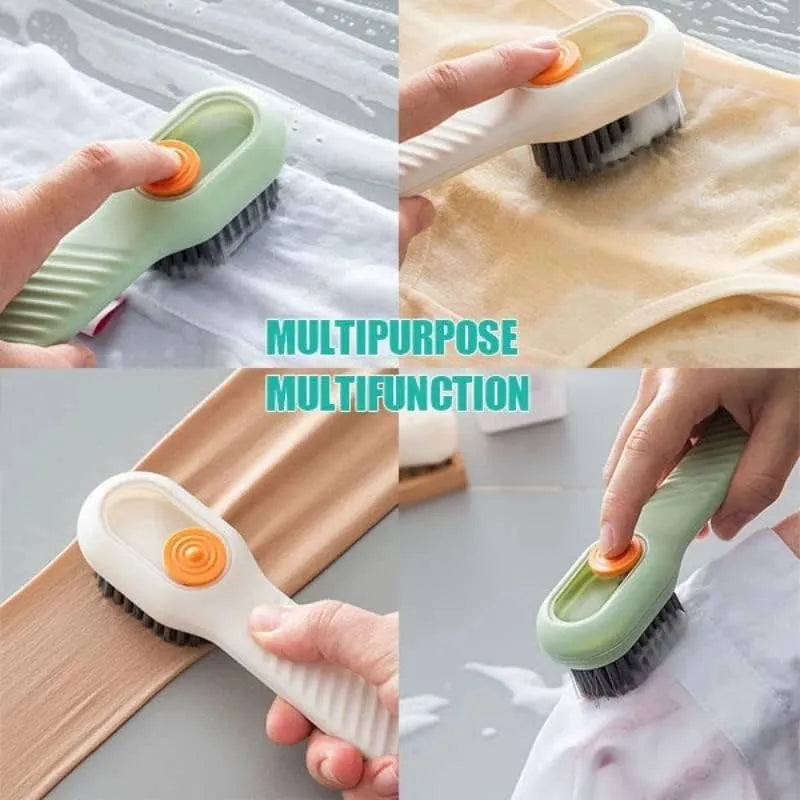 Multifunctional cleaning brush being used on various surfaces with text 'Multipurpose Multifunction'.