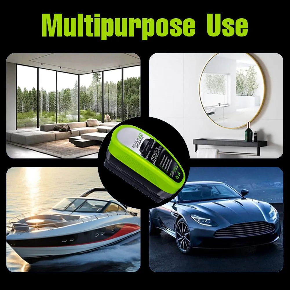 Keychain with multipurpose use text overlay, surrounded by images of a house, boat, and car.