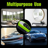 Keychain with multipurpose use text overlay, surrounded by images of a house, boat, and car.
