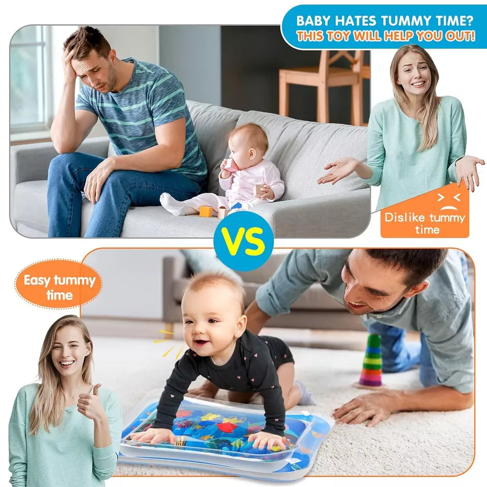 Comparison of parents with a baby on a couch and playing on a mat, promoting a toy for easier tummy time.