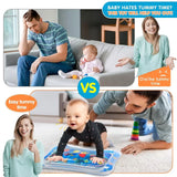 Comparison of parents with a baby on a couch and playing on a mat, promoting a toy for easier tummy time.