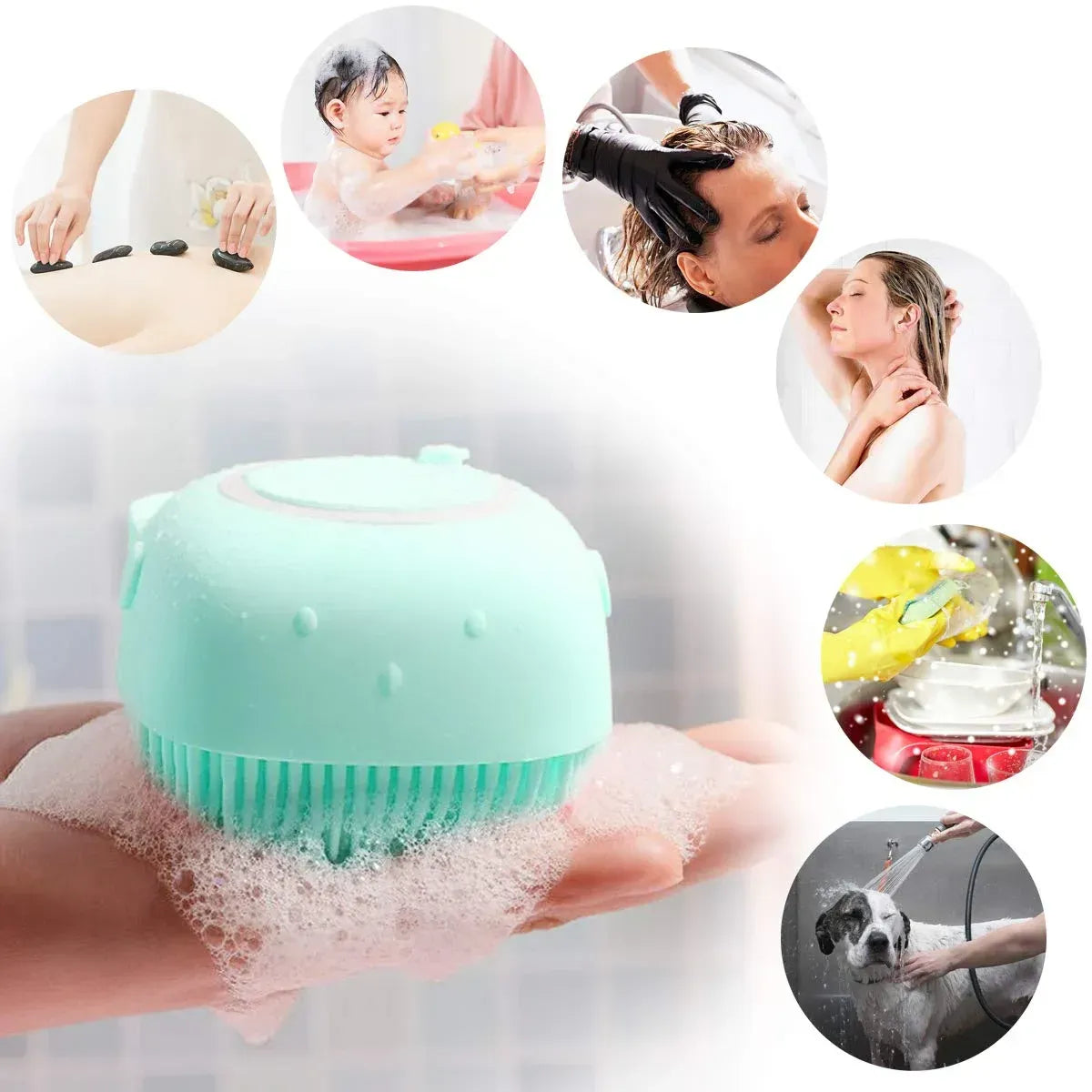 Green scrubber with images of people using it on various parts of their body and pets.
