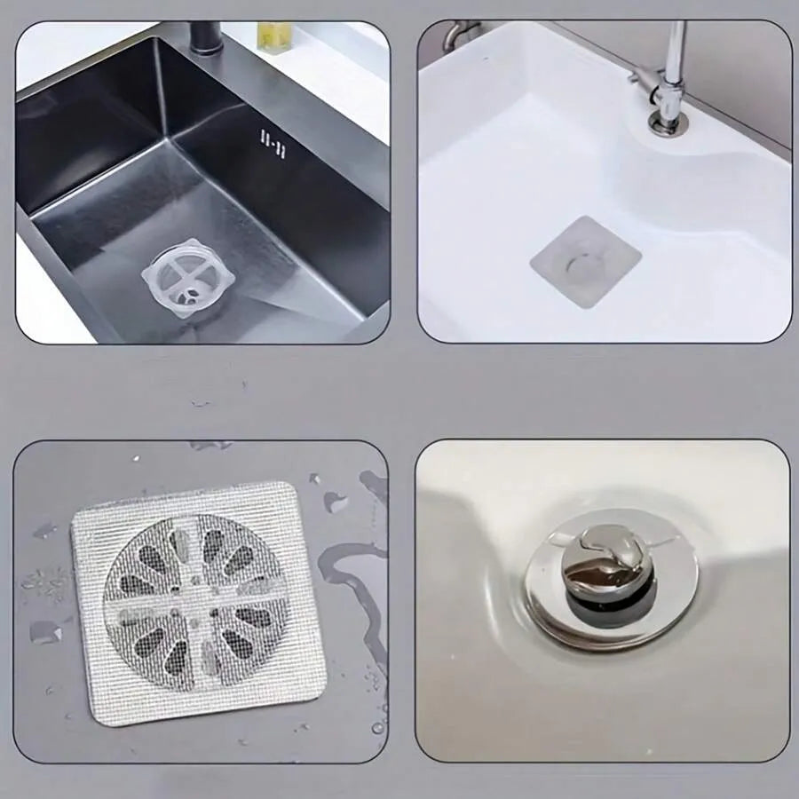 A four-panel collage showing a square metal sink drain filter and drain stopper in use: one panel shows the filter placed in a dark stainless sink, one in a white sink, one close-up of the mesh filter, and one close-up of the metal stopper.