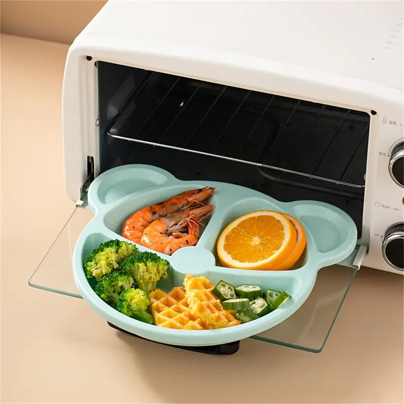 Bear-shaped kids meal set featuring divided plates, bowls, and utensils for everyday dining.