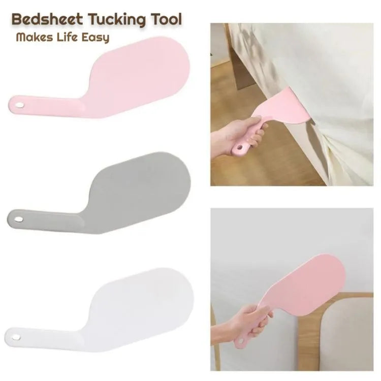 Bedsheet tucking tool with pink and gray versions, showing usage on a bed.
