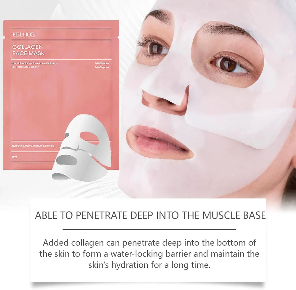 Collagen face mask with packaging and a woman wearing it, highlighting its benefits.