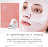 Collagen face mask with packaging and a woman wearing it, highlighting its benefits.