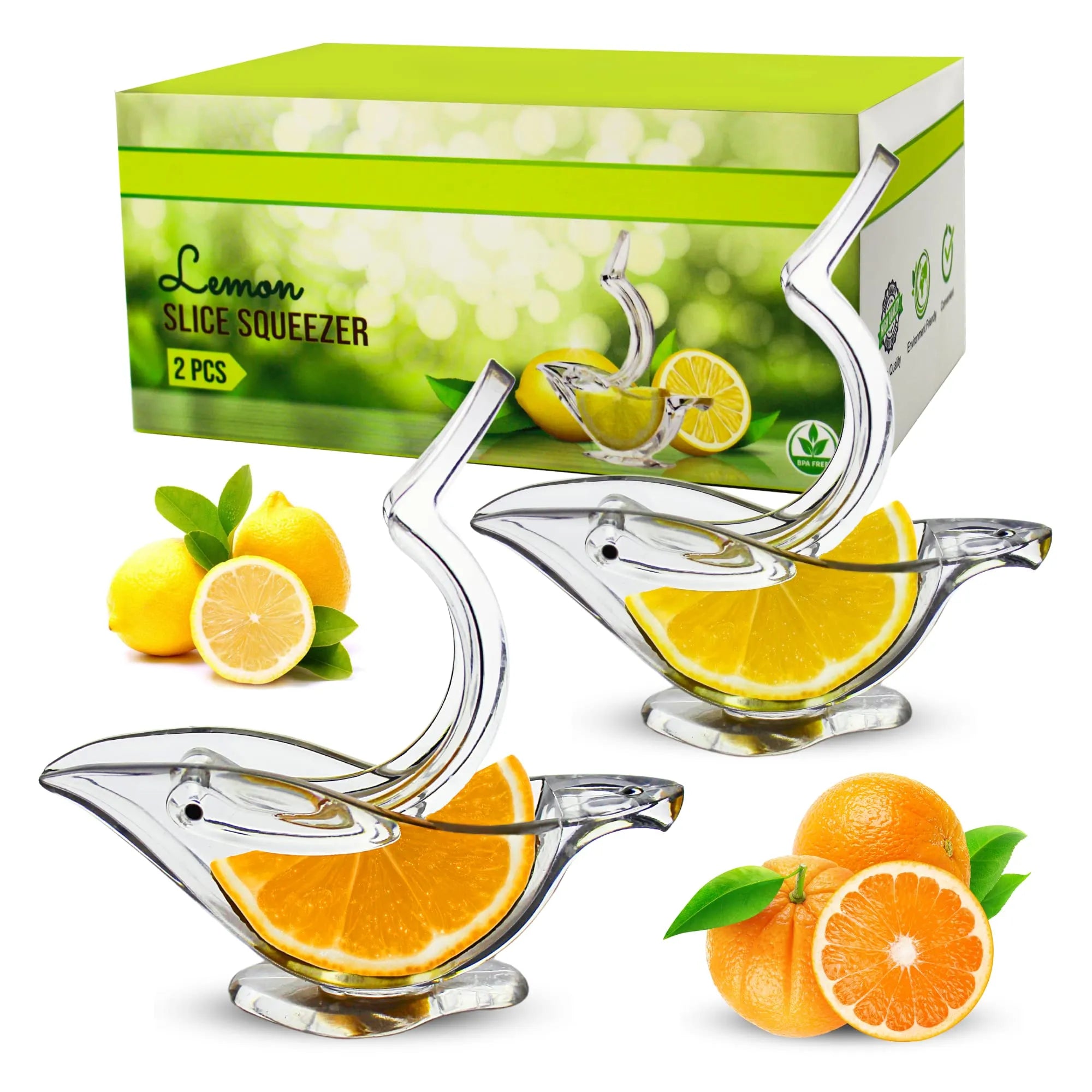 Glass lemon and orange slice squeezers with packaging on a white background