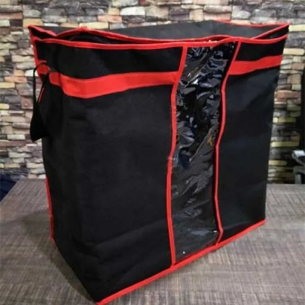 Black foldable storage bag designed for storing blankets, quilts, clothing, and seasonal items.