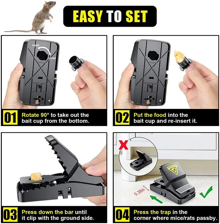Step-by-step guide on how to set a mouse trap with clear instructions and illustrations.