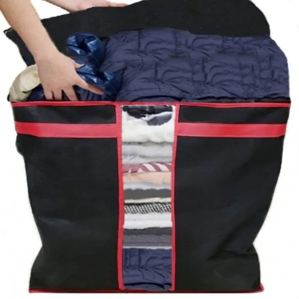 Black wardrobe storage organizer for neatly storing bedding, garments, and household essentials.