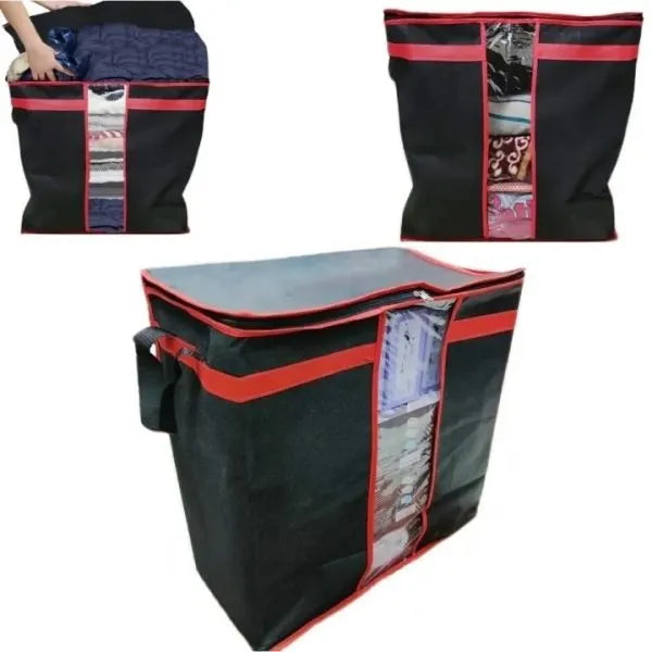 Foldable storage bag for blankets, clothes, and wardrobe organization with a space-saving design.