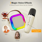 Microphone with colorful speaker and sound effect icons on a light gray background
