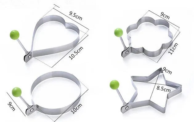 Set of four metal cookie cutters with measurements on a white background