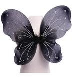 Black butterfly wings with silver embellishments on a mannequin against a white background