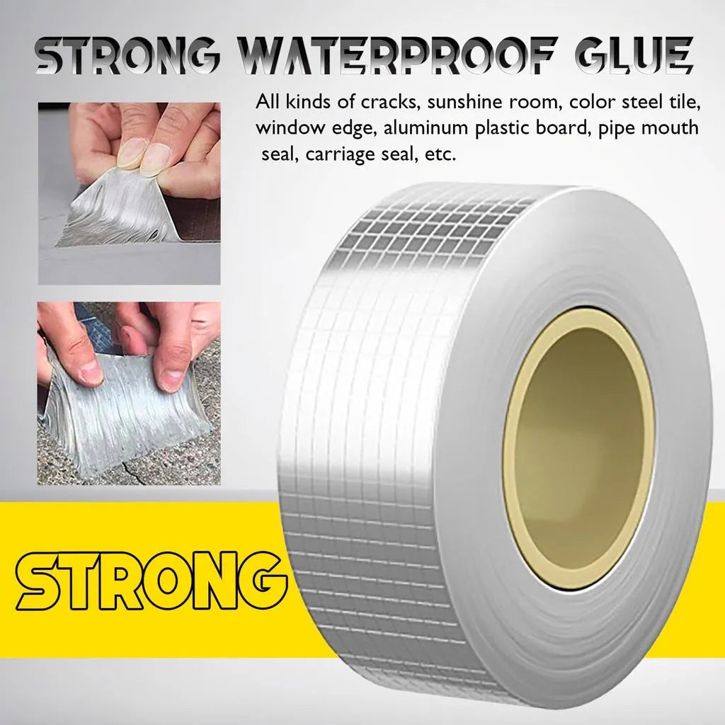 Roll of strong waterproof glue with application examples and text on a yellow background