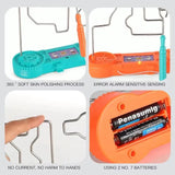 Orange and turquoise skin polishing device with batteries and text on a gray background