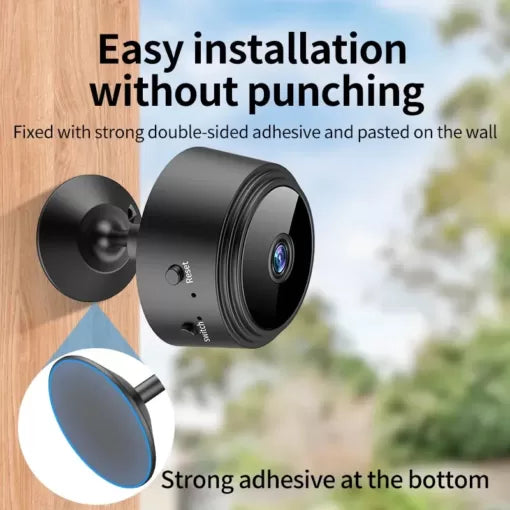 Black security camera with strong adhesive on a wall
