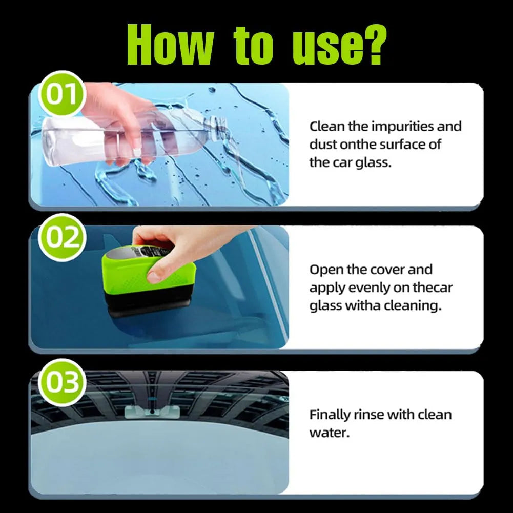 Instructions on how to use a car glass cleaning tool with images and text.