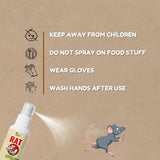 Instructions for using a rat spray with safety warnings and illustrations on a brown background.