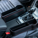 Car organizer with red stitching inside a vehicle