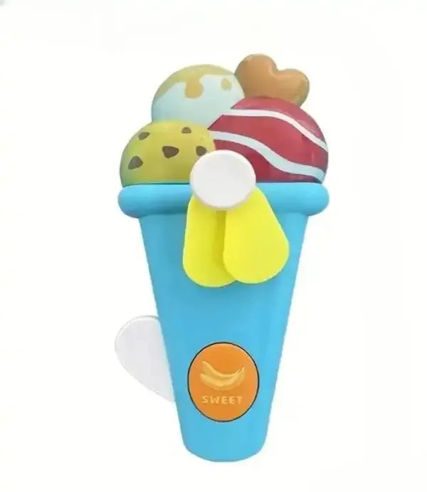 A novelty toy or prop shaped like a blue cup filled with colorful ice cream scoops, featuring yellow wings and a white circular element, on a plain white background.