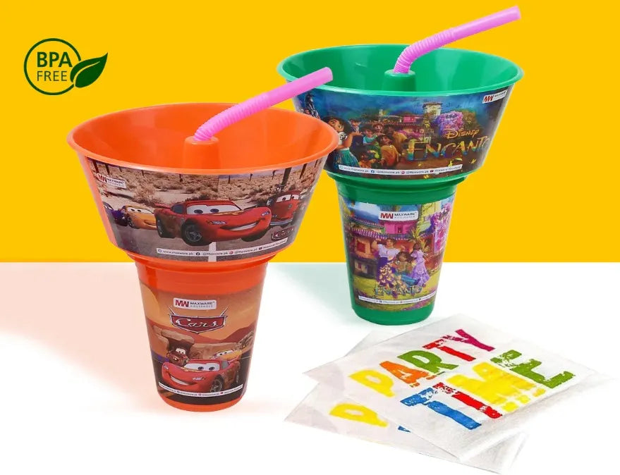 Character-themed snack tub with a built-in straw cup for kids and everyday use.
