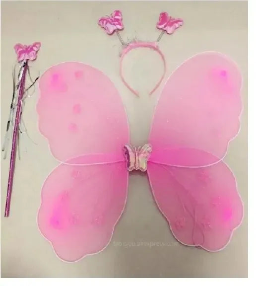 Pink butterfly costume accessory set including large translucent pink wings, a matching headband with butterfly headbands, and a sparkly wand, displayed on a plain beige background.