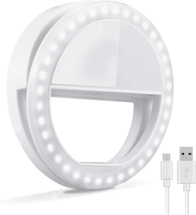White LED ring light with USB cable on a white background