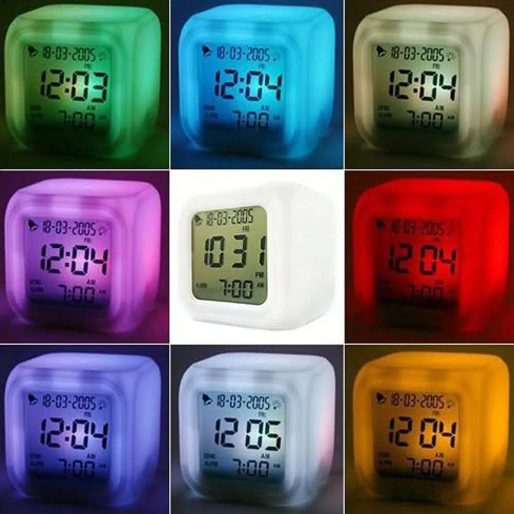 Color-changing LED alarm clock with digital time display, alarm, and modern design.
