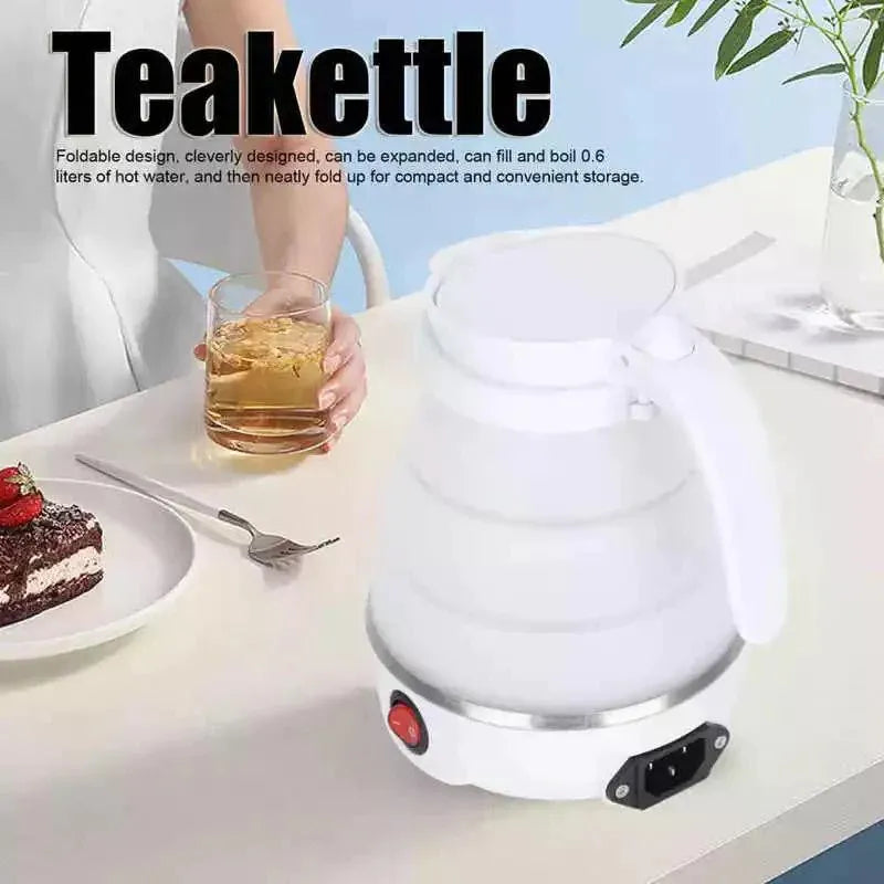 Compact 600ml electric kettle with a collapsible design for space-saving storage and portability.