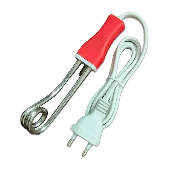 A heating element probe with a coiled metal rod, a red plastic handle, and a white power cord with a two-pin plug, shown on a plain white background.