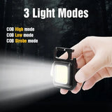 Hand holding a small flashlight with three light modes displayed on a dark background