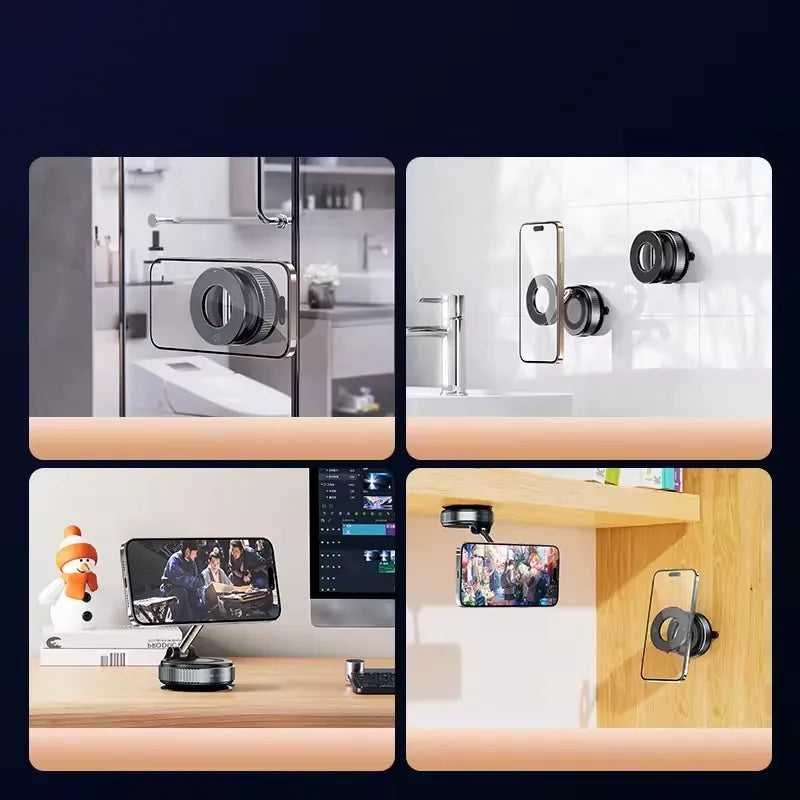 Collage of a smartphone holder in various settings including a bathroom, kitchen, and office.