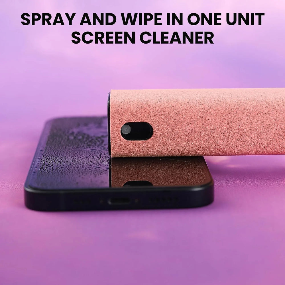 Screen cleaner with a phone and cloth on a purple background