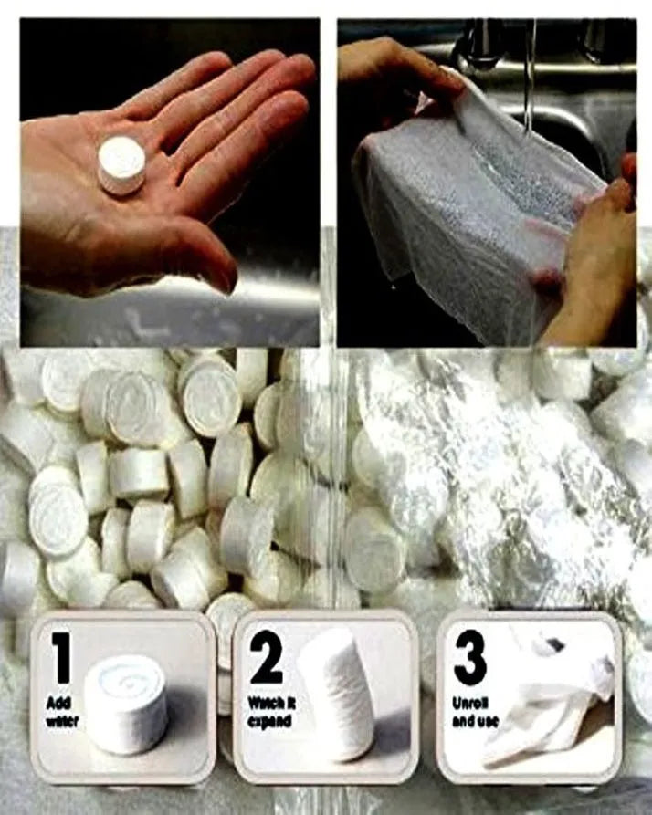 Collage of steps involving a white capsule, water, and powder.