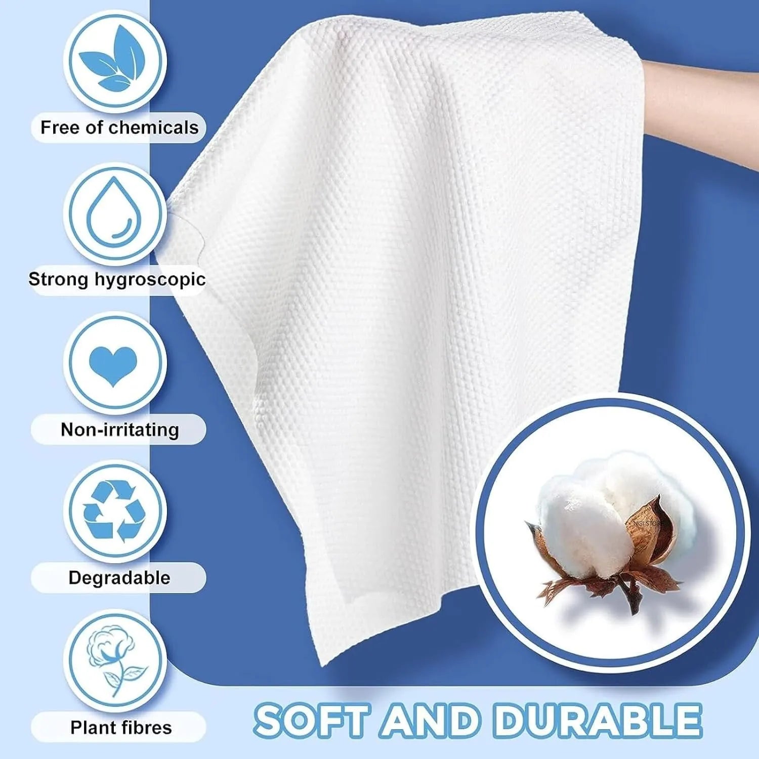 White towel with cotton plant and features on a blue background