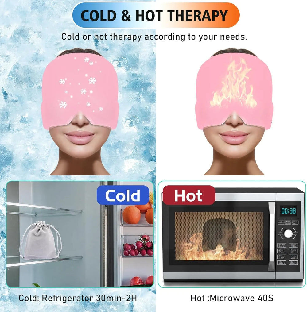 Cold and hot therapy eye mask with refrigerator and microwave icons below.