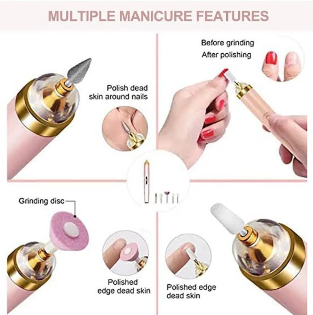 Manicure tool with features and before-after effects on nails shown.
