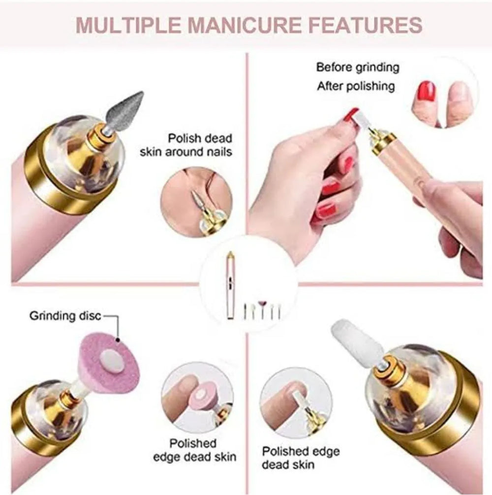 Manicure tool with features and before-after effects on nails shown.