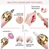 Manicure tool with features and before-after effects on nails shown.