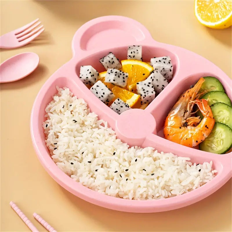 Cute bear dinnerware set for kids with divided sections to keep different foods separated.