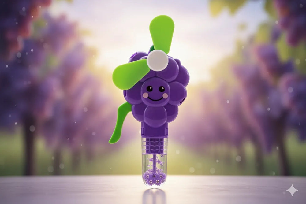 A cute purple grape-shaped handheld fan with a smiling face, green blades, and a clear suction-cup base, set against a soft-focus blurred background of purple grapevines.