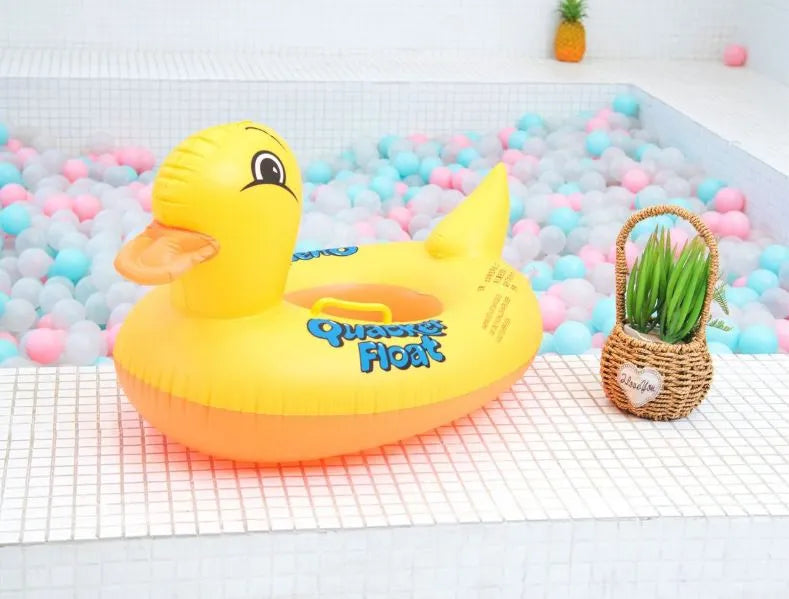 Cute yellow duck baby float seat designed to provide comfort, stability, and fun during water play.