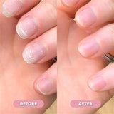Before and after comparison of nails with a pink background