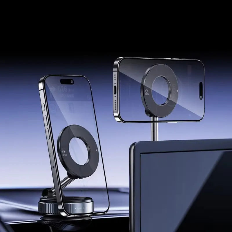 Clear phone case with black circular design on a reflective surface