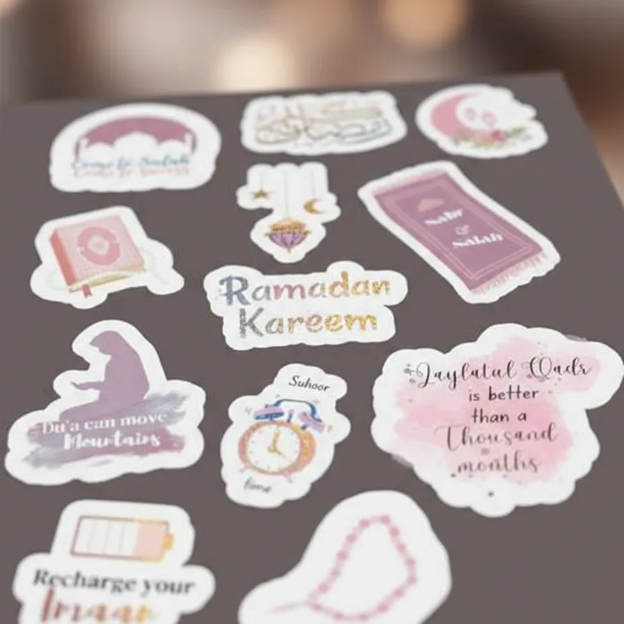 Decorative Ramadan Mubarak sticker pack with 12 festive designs for gifts, crafts, and decorations.