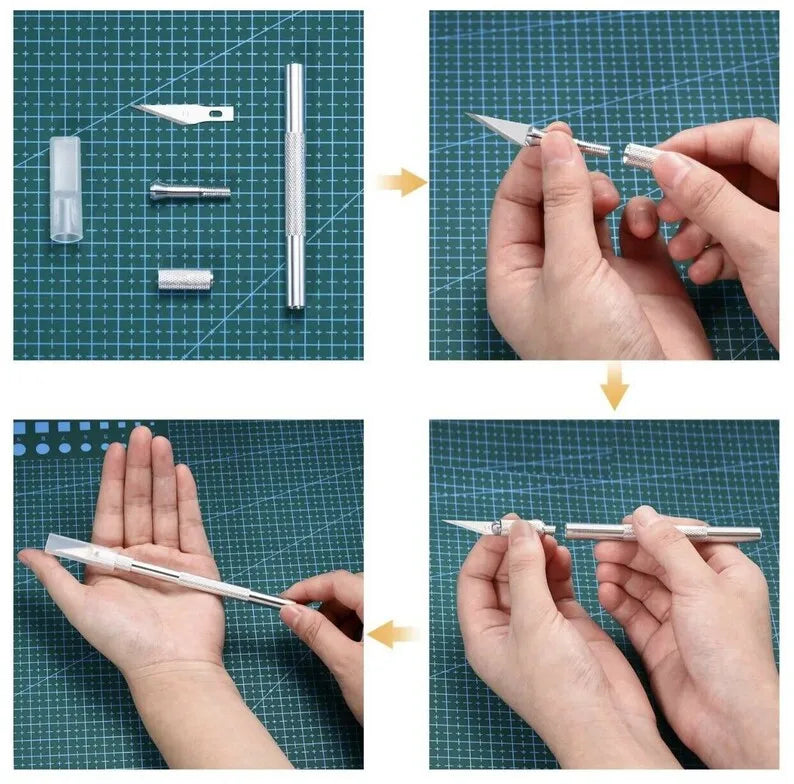 Step-by-step assembly or use of a pen-like tool on a cutting mat background.
